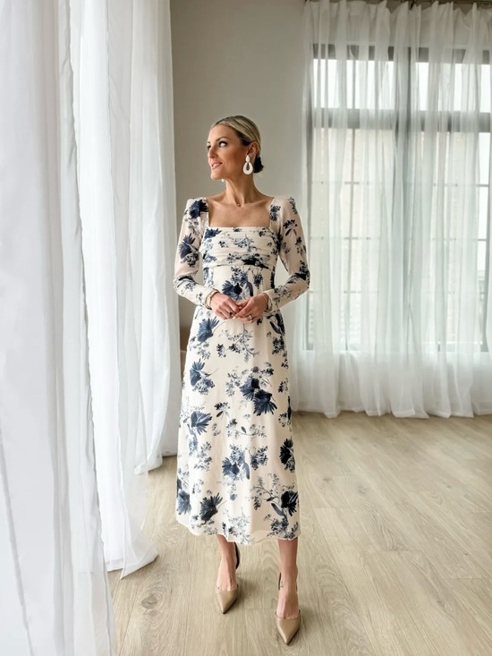 Abercrombie & Fitch Dresses & Skirts - Abercrombie & Fitch Cream Midi Dress with Navy Floral Print and Square Neck
